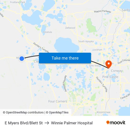 E Myers Blvd/Blett St to Winnie Palmer Hospital map