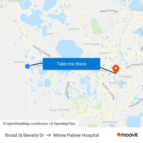 Broad St/Beverly Dr to Winnie Palmer Hospital map