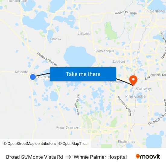 Broad St/Monte Vista Rd to Winnie Palmer Hospital map