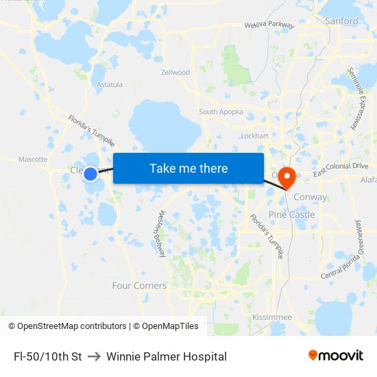 Fl-50/10th St to Winnie Palmer Hospital map