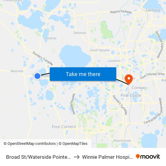 Broad St/Waterside Pointe Dr to Winnie Palmer Hospital map