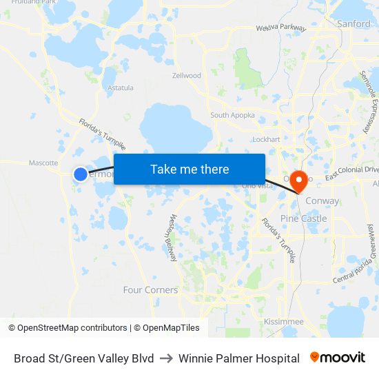 Broad St/Green Valley Blvd to Winnie Palmer Hospital map