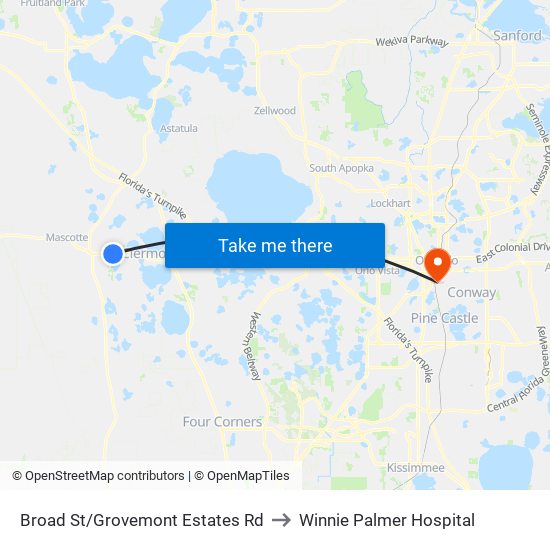 Broad St/Grovemont Estates Rd to Winnie Palmer Hospital map