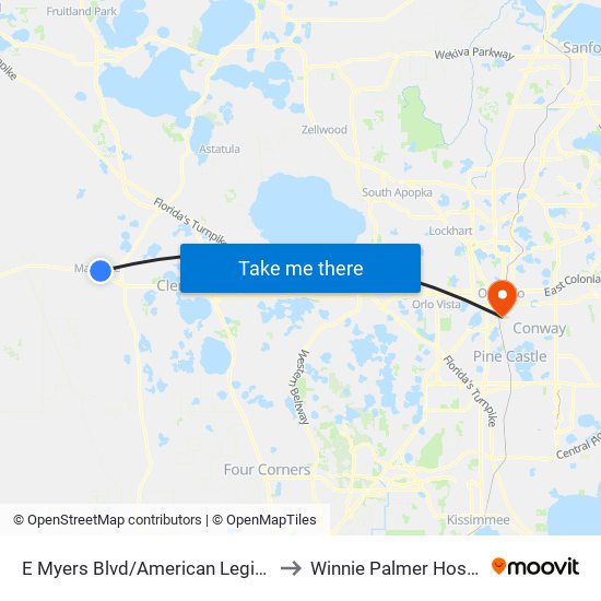 E Myers Blvd/American Legion Rd to Winnie Palmer Hospital map