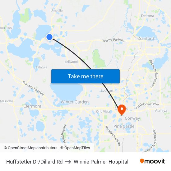 Huffstetler Dr/Dillard Rd to Winnie Palmer Hospital map