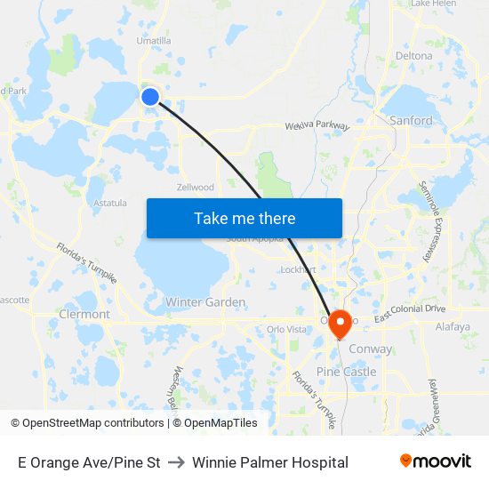 E Orange Ave/Pine St to Winnie Palmer Hospital map