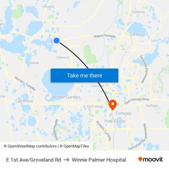 E 1st Ave/Groveland Rd to Winnie Palmer Hospital map