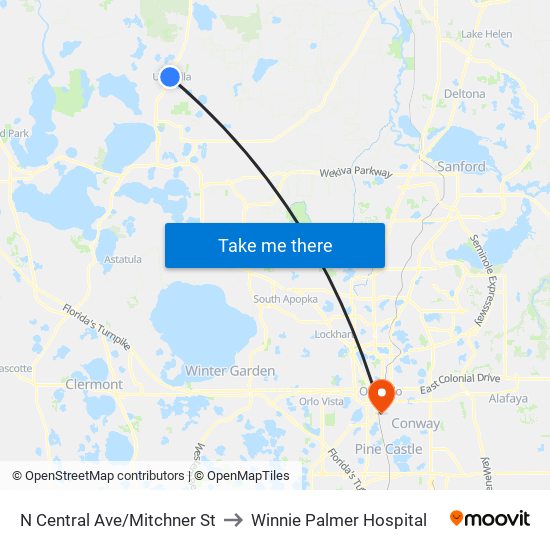 N Central Ave/Mitchner St to Winnie Palmer Hospital map