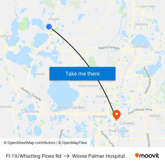 Fl-19/Whistling Pines Rd to Winnie Palmer Hospital map