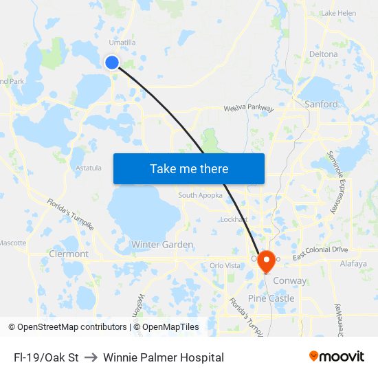 Fl-19/Oak St to Winnie Palmer Hospital map