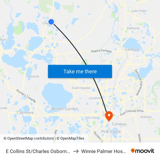 E Collins St/Charles Osborne Rd to Winnie Palmer Hospital map