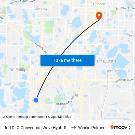 Intl Dr & Convention Way (Hyatt Regency Orlando) to Winnie Palmer Hospital map