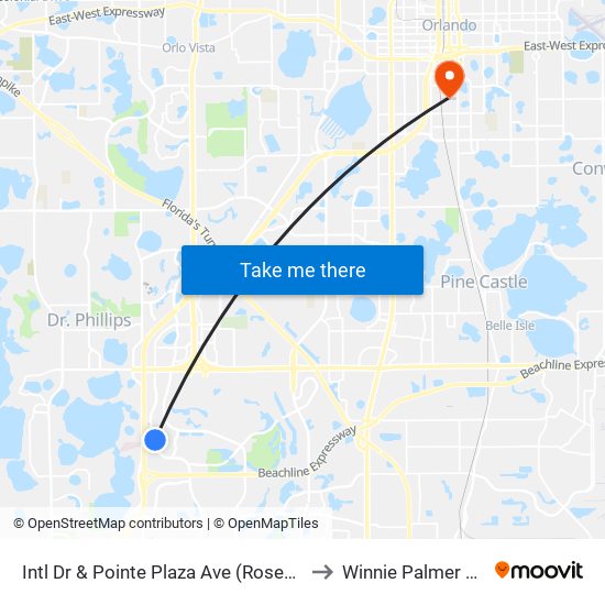 Intl Dr & Pointe Plaza Ave (Rosen Plaza Hotel) to Winnie Palmer Hospital map