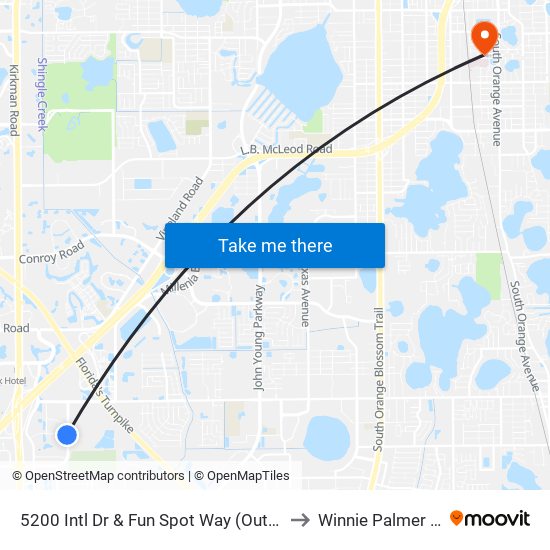 5200 Intl Dr  & Fun Spot Way (Outlet Marketplace) to Winnie Palmer Hospital map