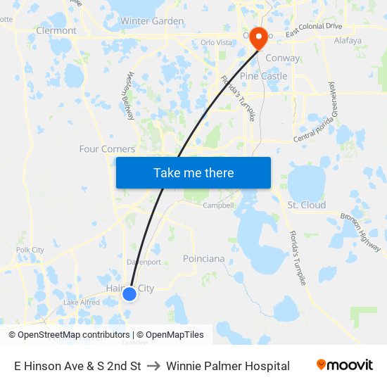 E Hinson Ave & S 2nd St to Winnie Palmer Hospital map