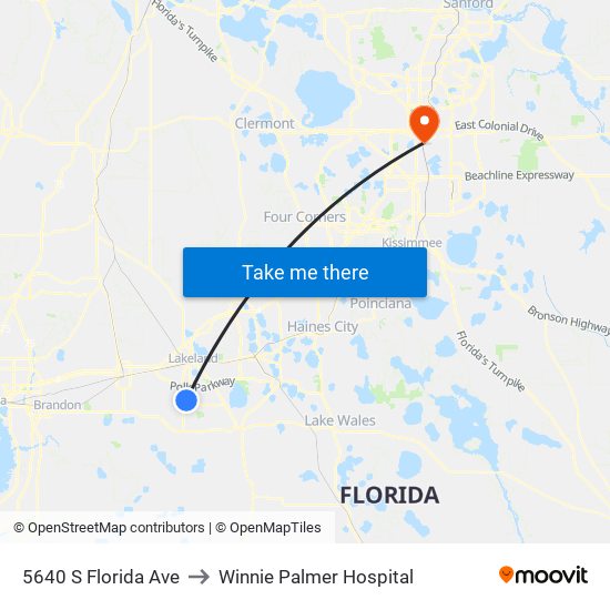 5640 S Florida Ave to Winnie Palmer Hospital map