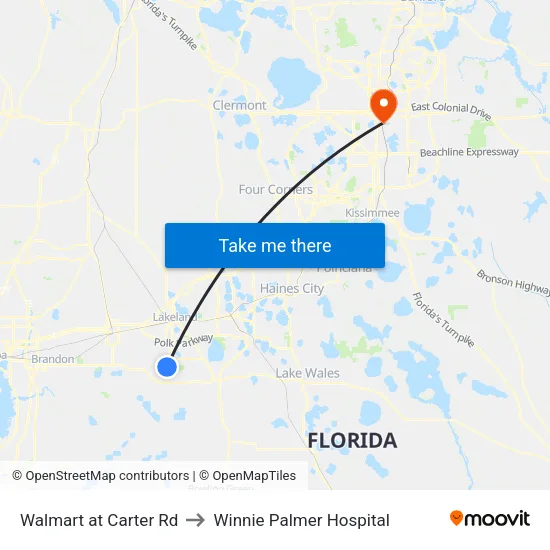 Walmart at Carter Rd to Winnie Palmer Hospital map