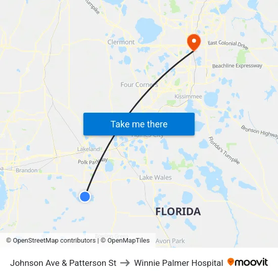 Johnson Ave & Patterson St to Winnie Palmer Hospital map