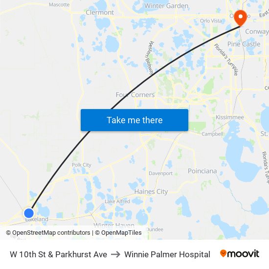 W 10th St & Parkhurst Ave to Winnie Palmer Hospital map