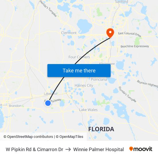 W Pipkin Rd & Cimarron Dr to Winnie Palmer Hospital map