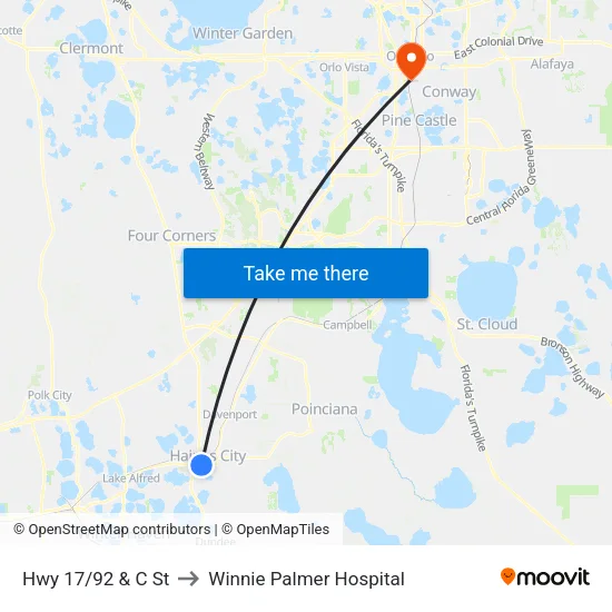 Hwy 17/92 & C St to Winnie Palmer Hospital map