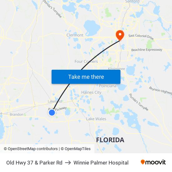 Old Hwy 37 & Parker Rd to Winnie Palmer Hospital map