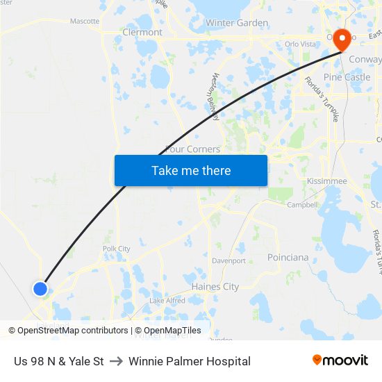 Us 98 N & Yale St to Winnie Palmer Hospital map