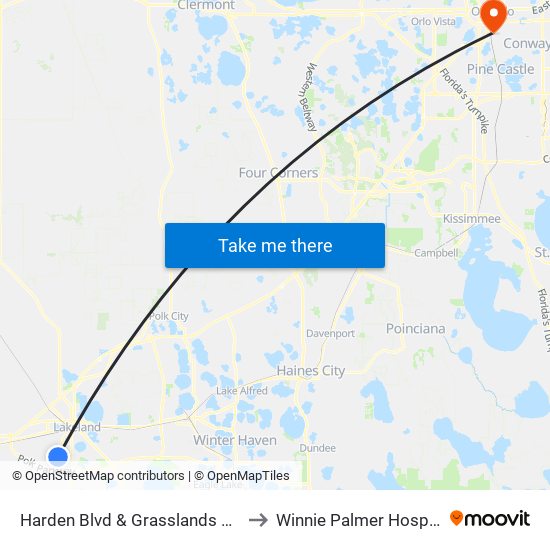 Harden Blvd & Grasslands Blvd to Winnie Palmer Hospital map