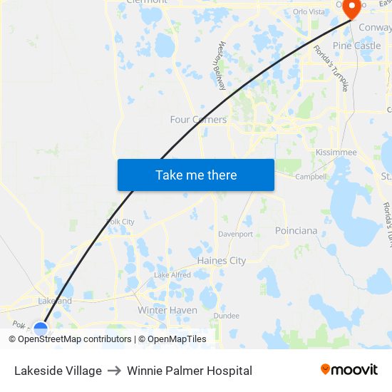 Lakeside Village to Winnie Palmer Hospital map