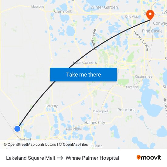 Lakeland Square Mall to Winnie Palmer Hospital map