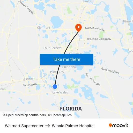 Walmart Supercenter to Winnie Palmer Hospital map