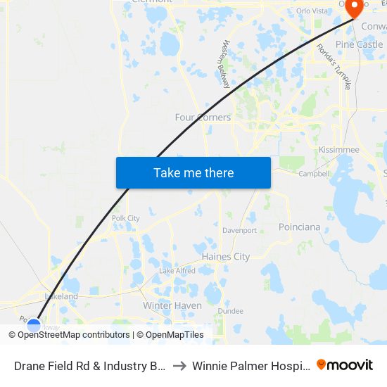 Drane Field Rd & Industry Blvd to Winnie Palmer Hospital map