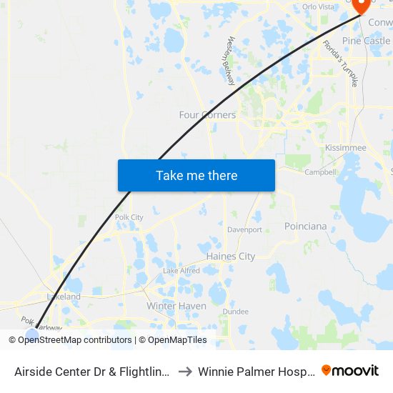 Airside Center Dr & Flightline Dr to Winnie Palmer Hospital map