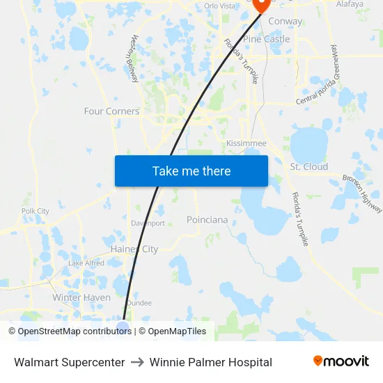 Walmart Supercenter to Winnie Palmer Hospital map