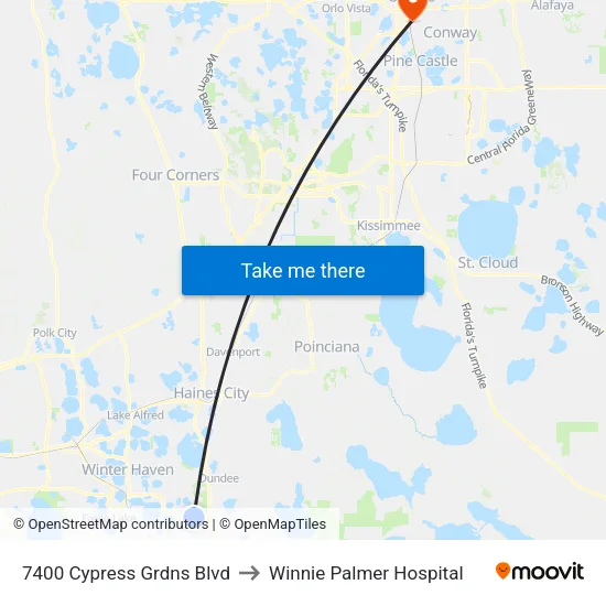 7400 Cypress Grdns Blvd to Winnie Palmer Hospital map