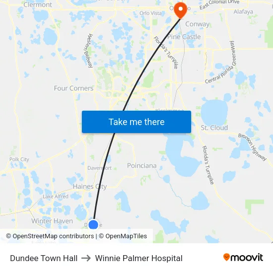 Dundee Town Hall to Winnie Palmer Hospital map