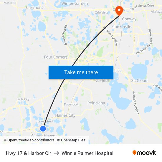 Hwy 17 & Harbor Cir to Winnie Palmer Hospital map