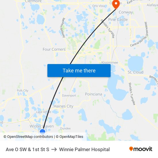 Ave O SW & 1st St S to Winnie Palmer Hospital map