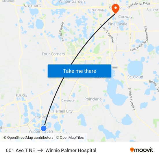 601 Ave T NE to Winnie Palmer Hospital map