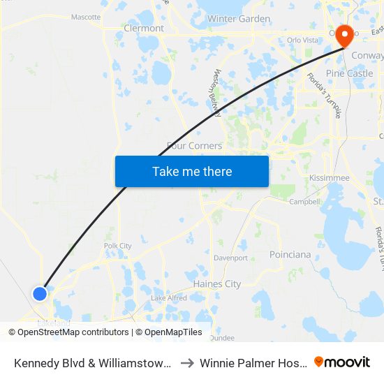 Kennedy Blvd & Williamstown Blvd to Winnie Palmer Hospital map