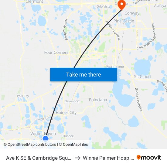 Ave K SE & Cambridge Square to Winnie Palmer Hospital map