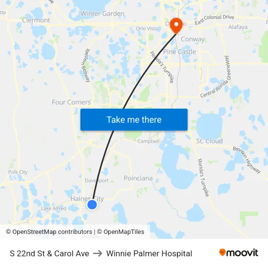 S 22nd St & Carol Ave to Winnie Palmer Hospital map