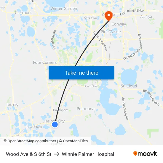 Wood Ave & S 6th St to Winnie Palmer Hospital map