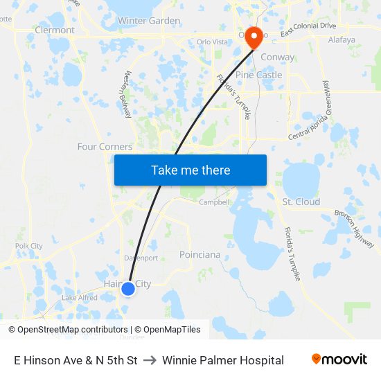 E Hinson Ave & N 5th St to Winnie Palmer Hospital map