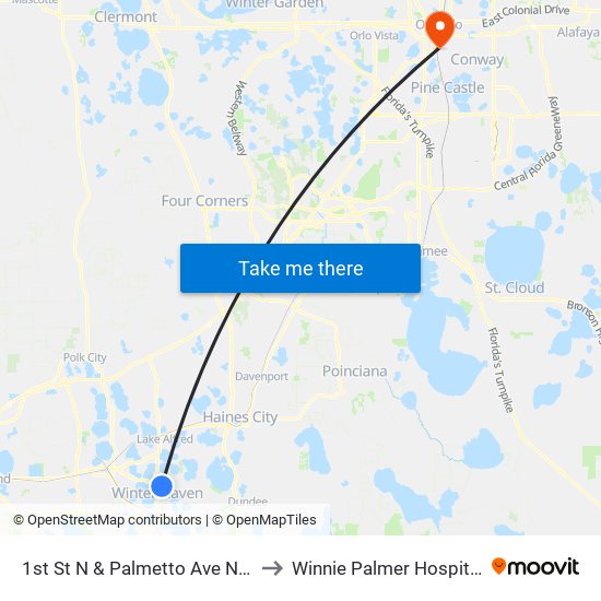 1st St N & Palmetto Ave NW to Winnie Palmer Hospital map