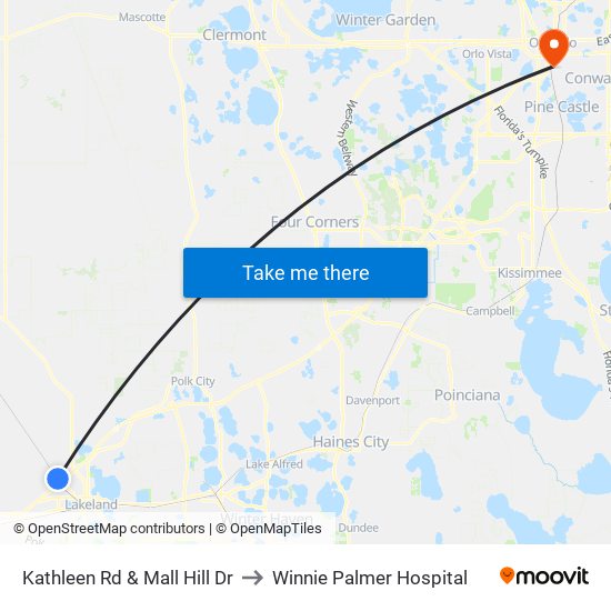 Kathleen Rd & Mall Hill Dr to Winnie Palmer Hospital map