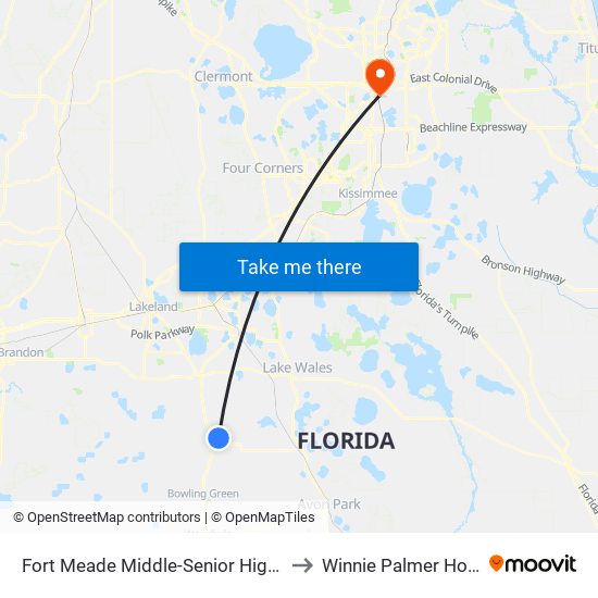 Fort Meade Middle-Senior High School to Winnie Palmer Hospital map