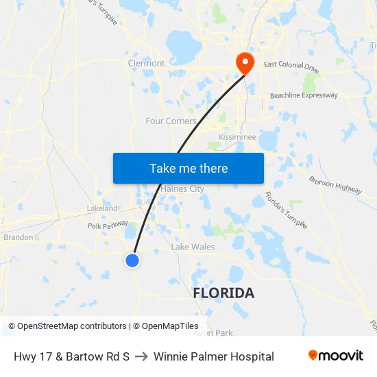 Hwy 17 & Bartow Rd S to Winnie Palmer Hospital map