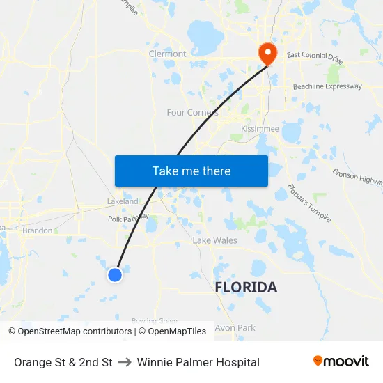 Orange St & 2nd St to Winnie Palmer Hospital map