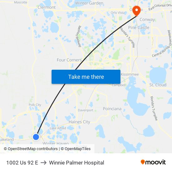 1002 Us 92 E to Winnie Palmer Hospital map